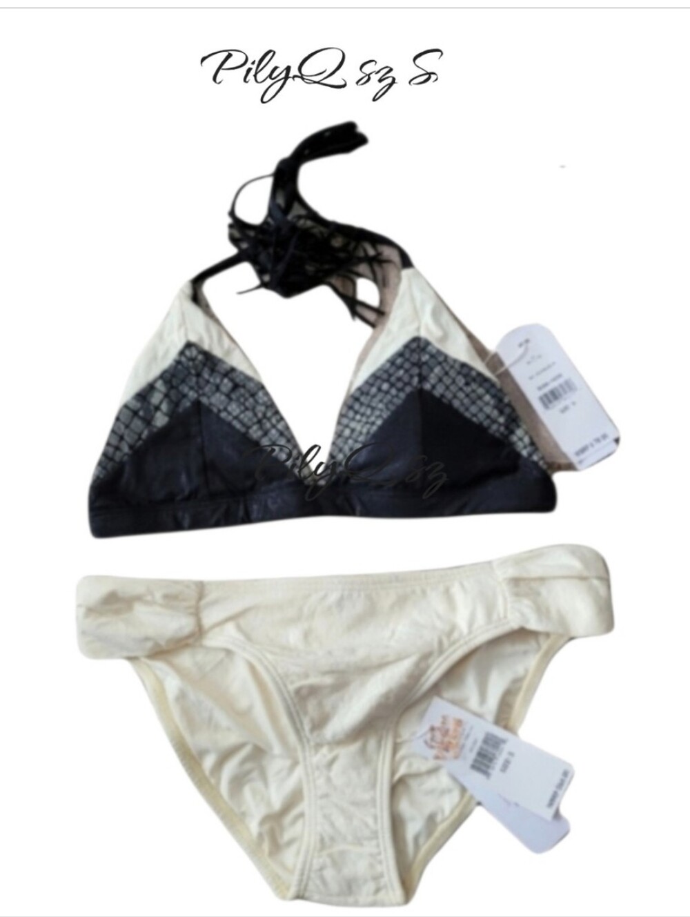 PilyQ Boa Snake Print Colorblock Triangle Bikini Set Cream Black S NWT